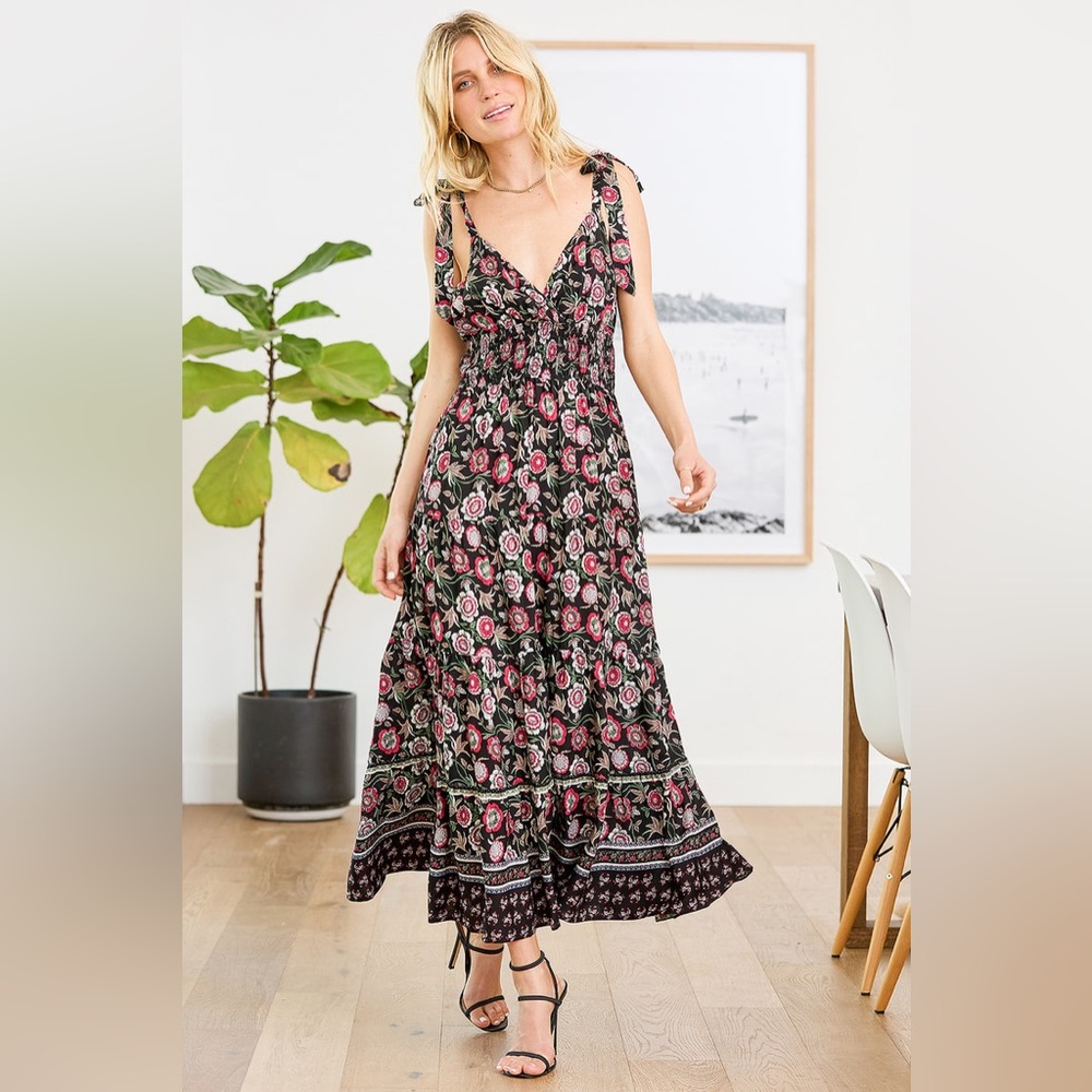 Black Multi Print Tie-Strap Maxi Dress Nwt Size XL